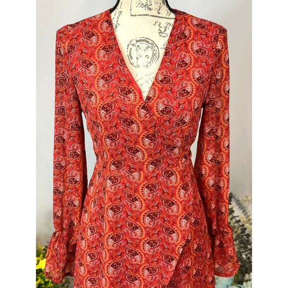One Way Wrap Around Paisley Mini Dress Long Sleeves Red/Orange 12 - Picture 5 of 13